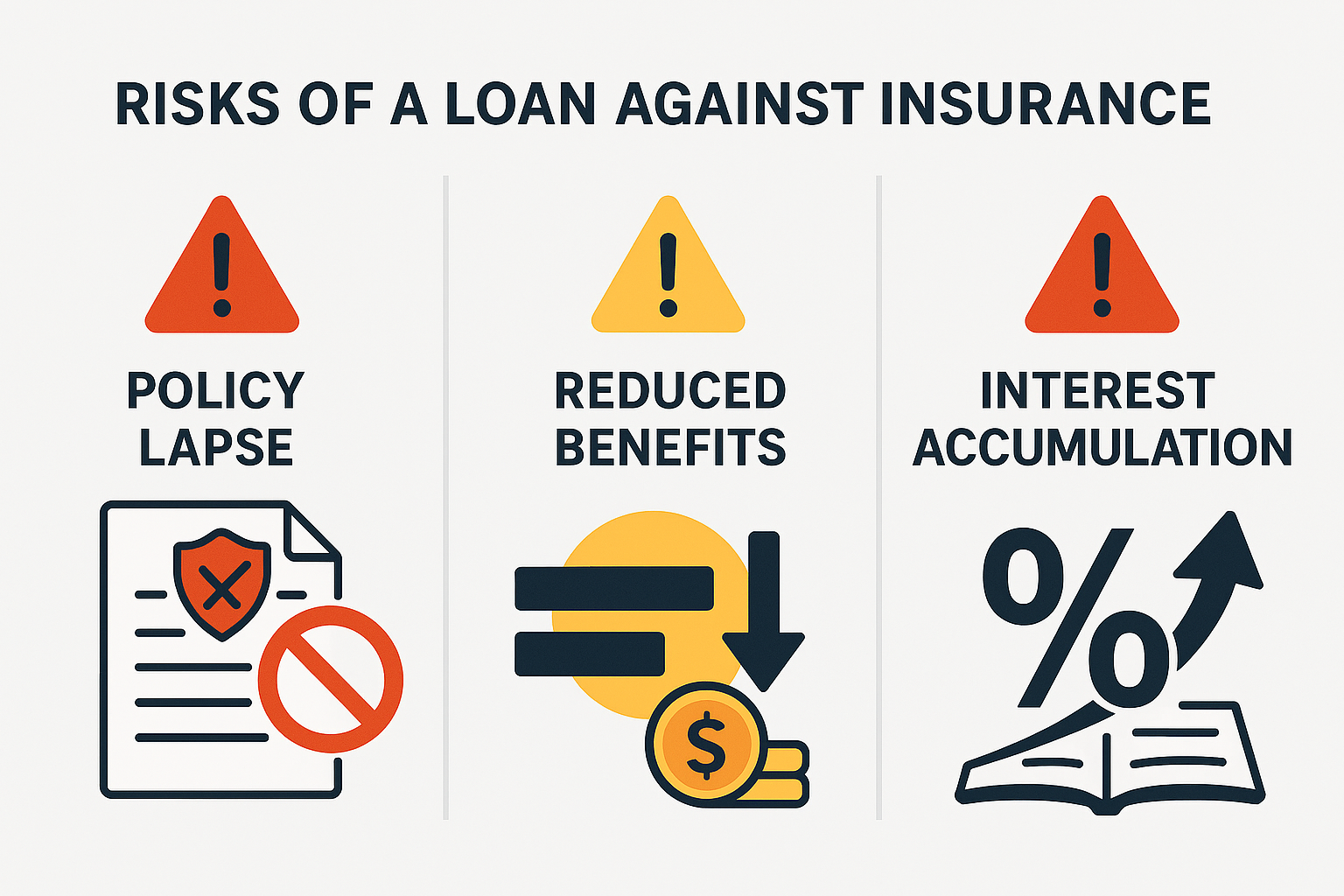 Loan against life insurance policy infographic showing benefits and risks